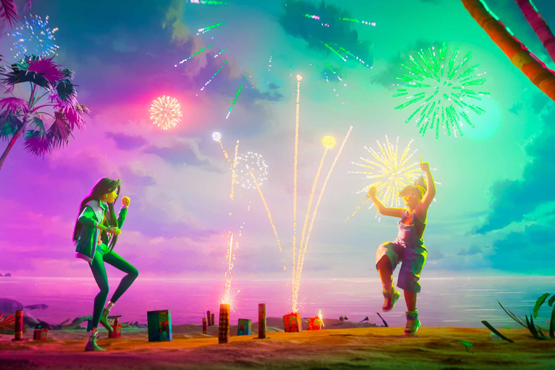 Jo e Raissa ballano su una spiaggia sotto i fuochi d'artificio, con il cielo rosa e verde e il mare calmo