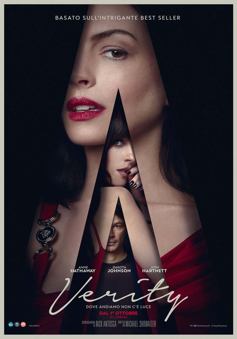 Locandina italiana di Verity: tre volti incorniciati in una grande A su fondo nero, con i nomi di Anne Hathaway, Dakota Johnson e Josh Hartnett.